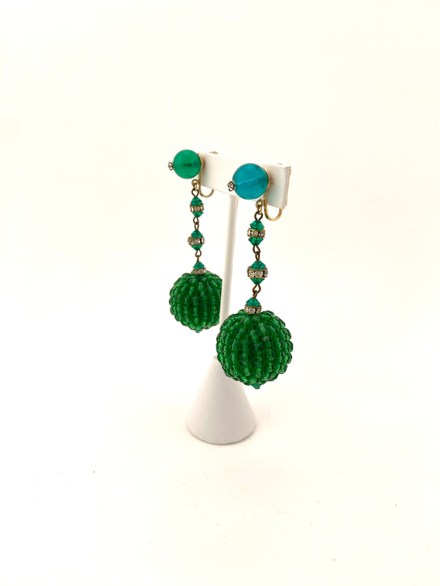 1960s Green Beaded Dangle Earrings