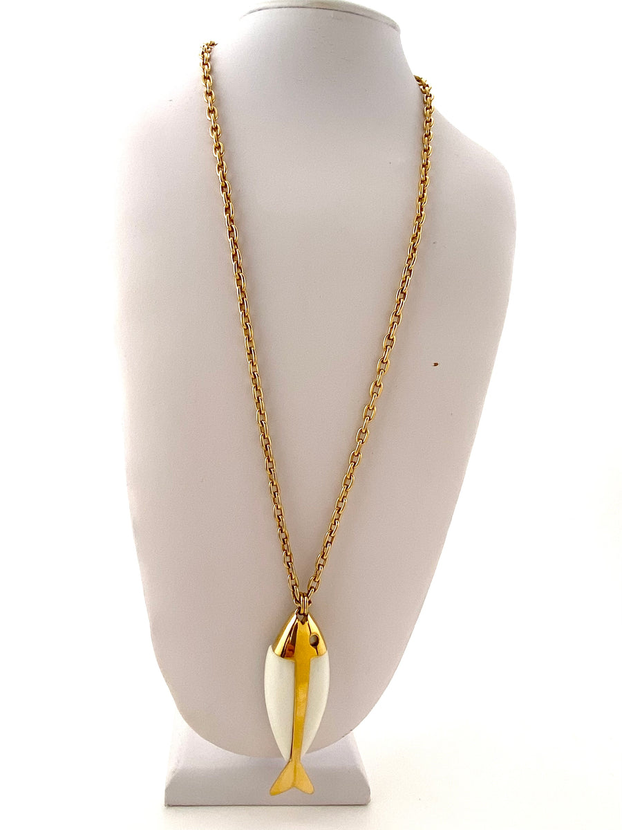 1960s Trifari White and Gold Modernist Fish Pendant Necklace