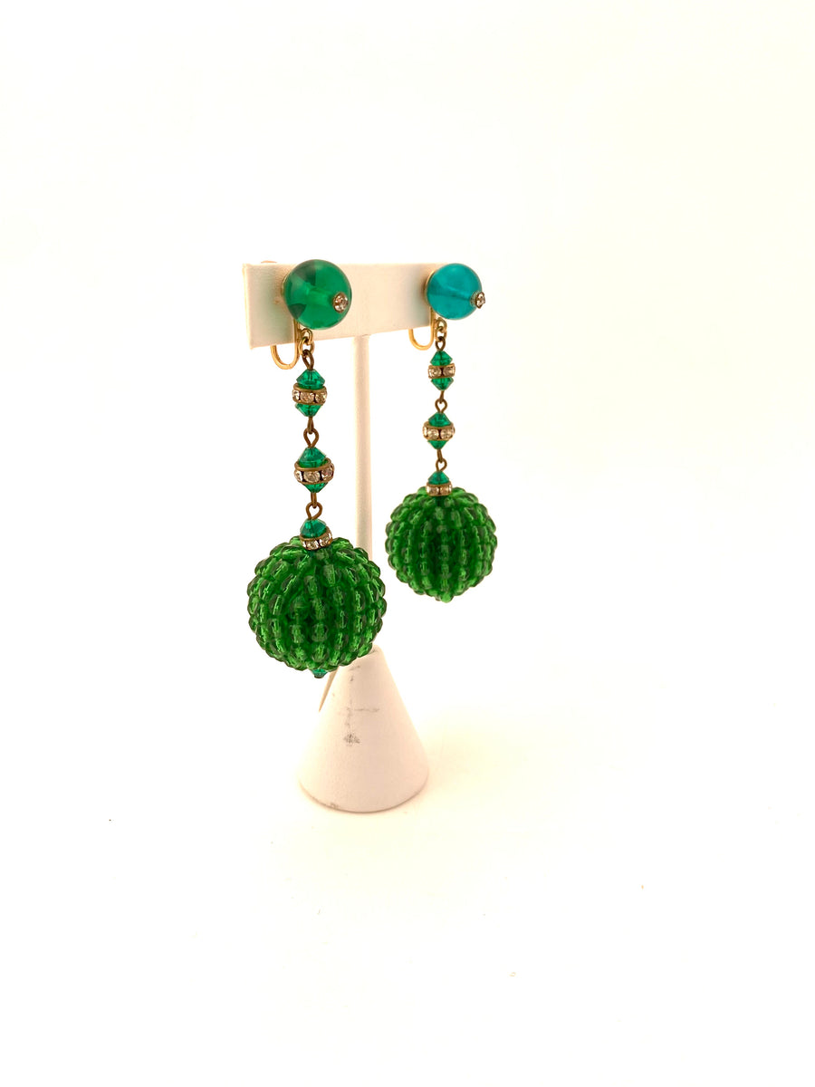 1960s Green Beaded Dangle Earrings