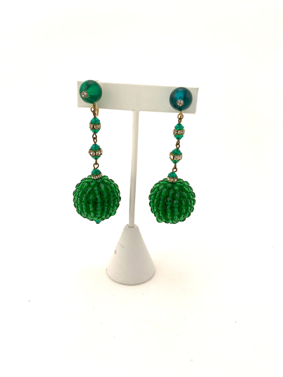 1960s Green Beaded Dangle Earrings