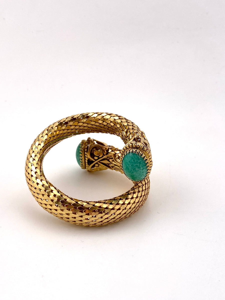 Vintage Whiting & Davis Goldtone Mesh Bracelet with Green Peking Glass Ends