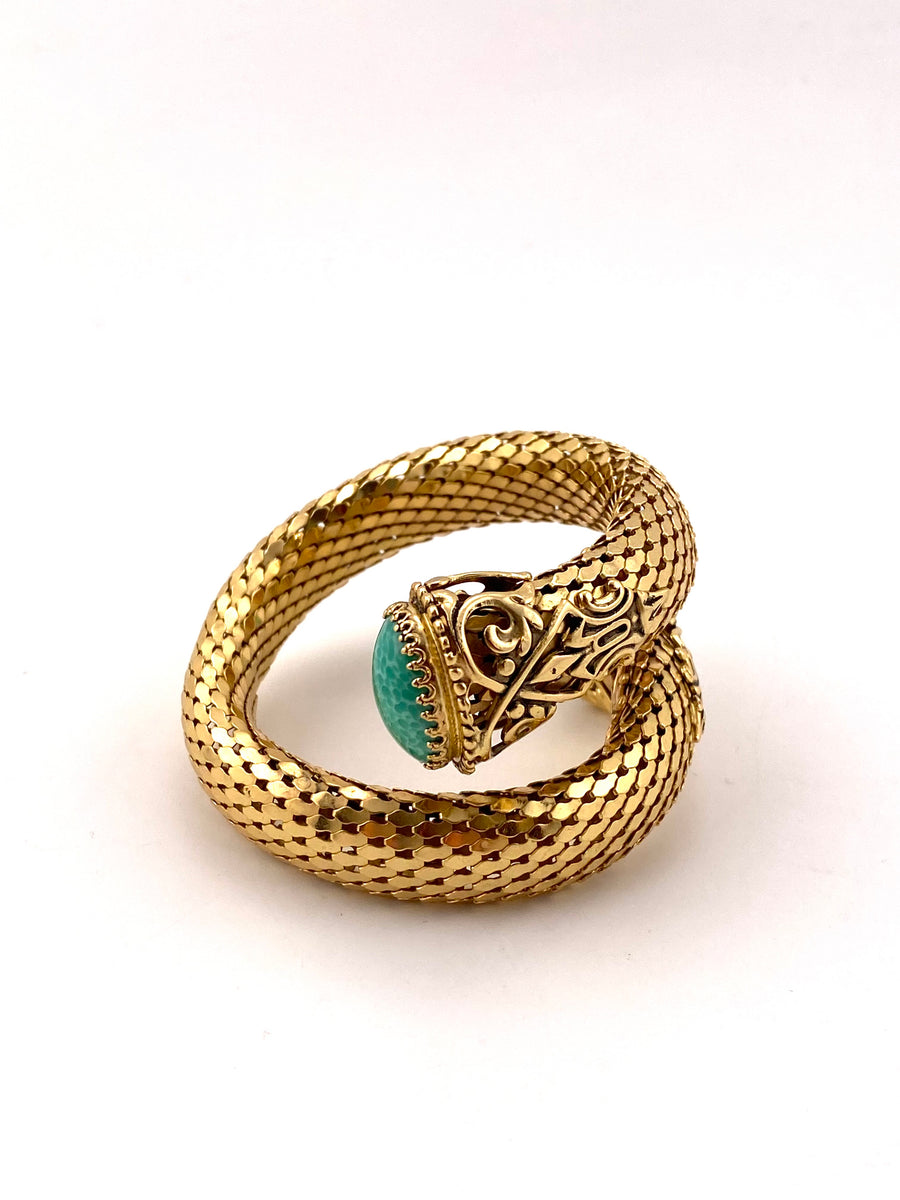 Vintage Whiting & Davis Goldtone Mesh Bracelet with Green Peking