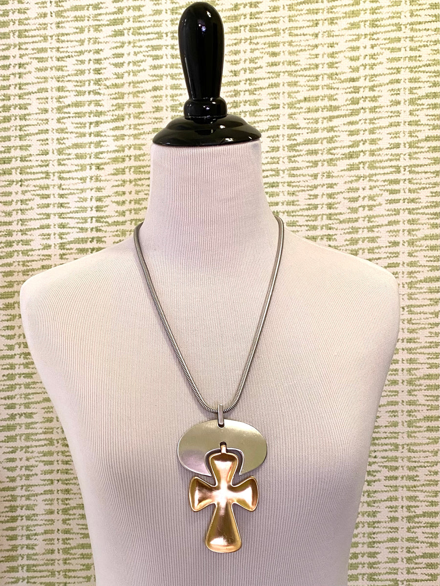 1960s Trifari Modernist Abstract Silver and Goldtone Cross Necklace
