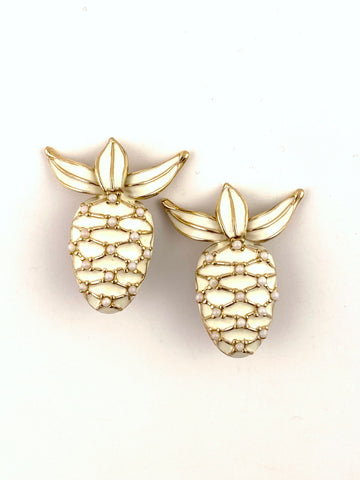 Vintage White Enamel Ciner Pinecone Earrings