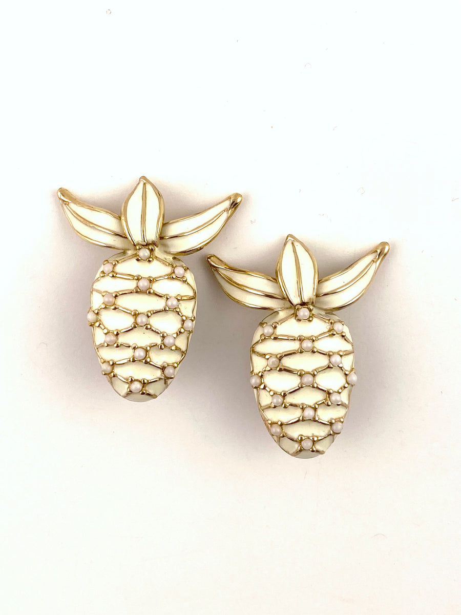 Vintage White Enamel Ciner Pinecone Earrings