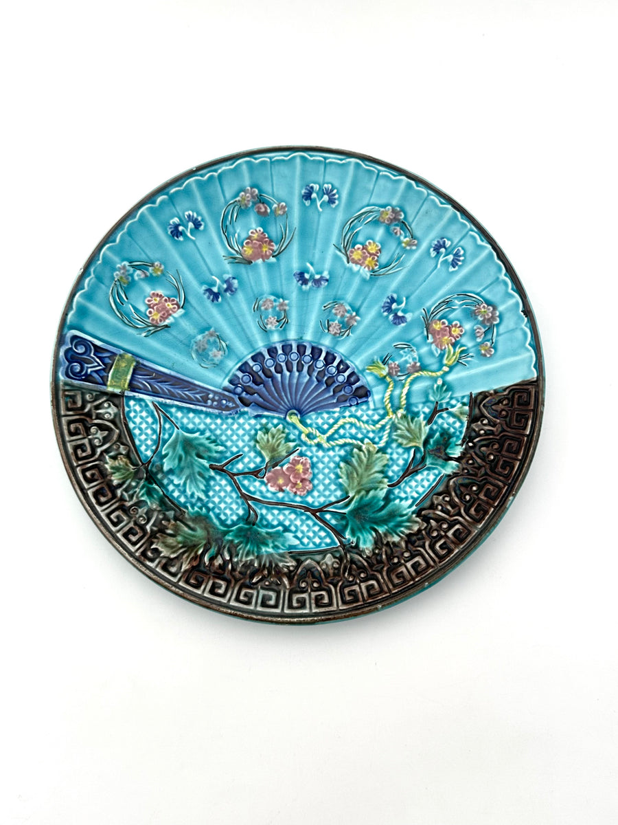 Antique Turquoise Colored Majolica Fan Plate 1890s