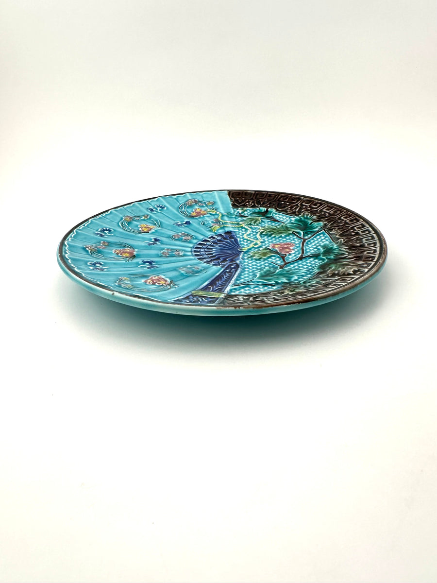 Antique Turquoise Colored Majolica Fan Plate 1890s