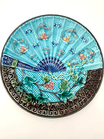 Antique Turquoise Colored Majolica Fan Plate 1890s