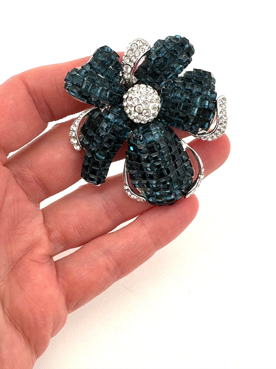 Vintage Sterling and Navy Blue Rhinestone Flower Brooch