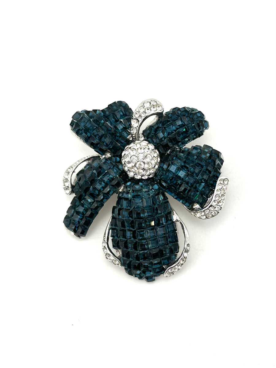 Vintage Sterling and Navy Blue Rhinestone Flower Brooch