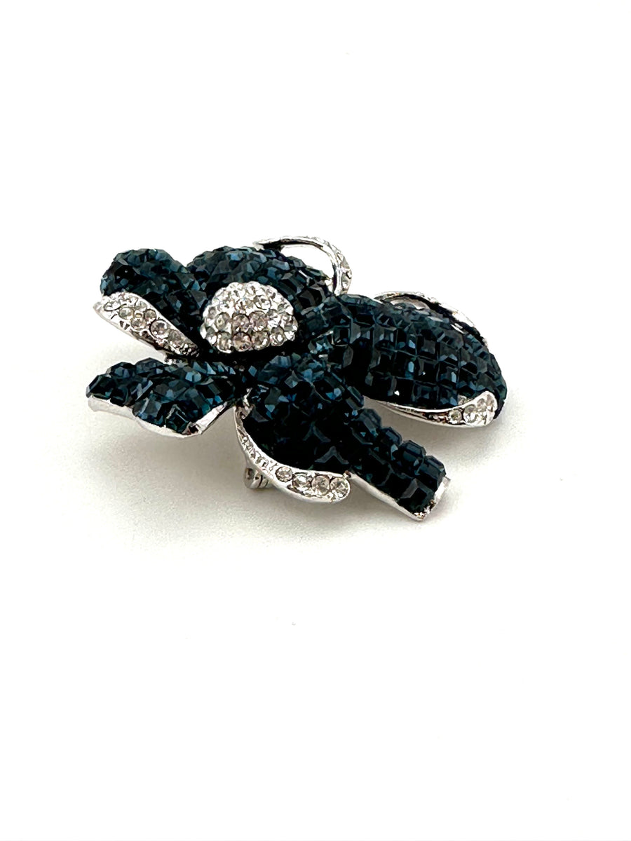 Vintage Sterling and Navy Blue Rhinestone Flower Brooch