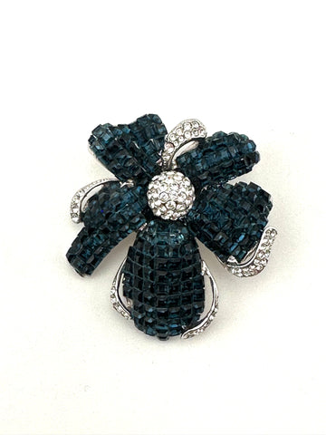 Vintage Sterling and Navy Blue Rhinestone Flower Brooch