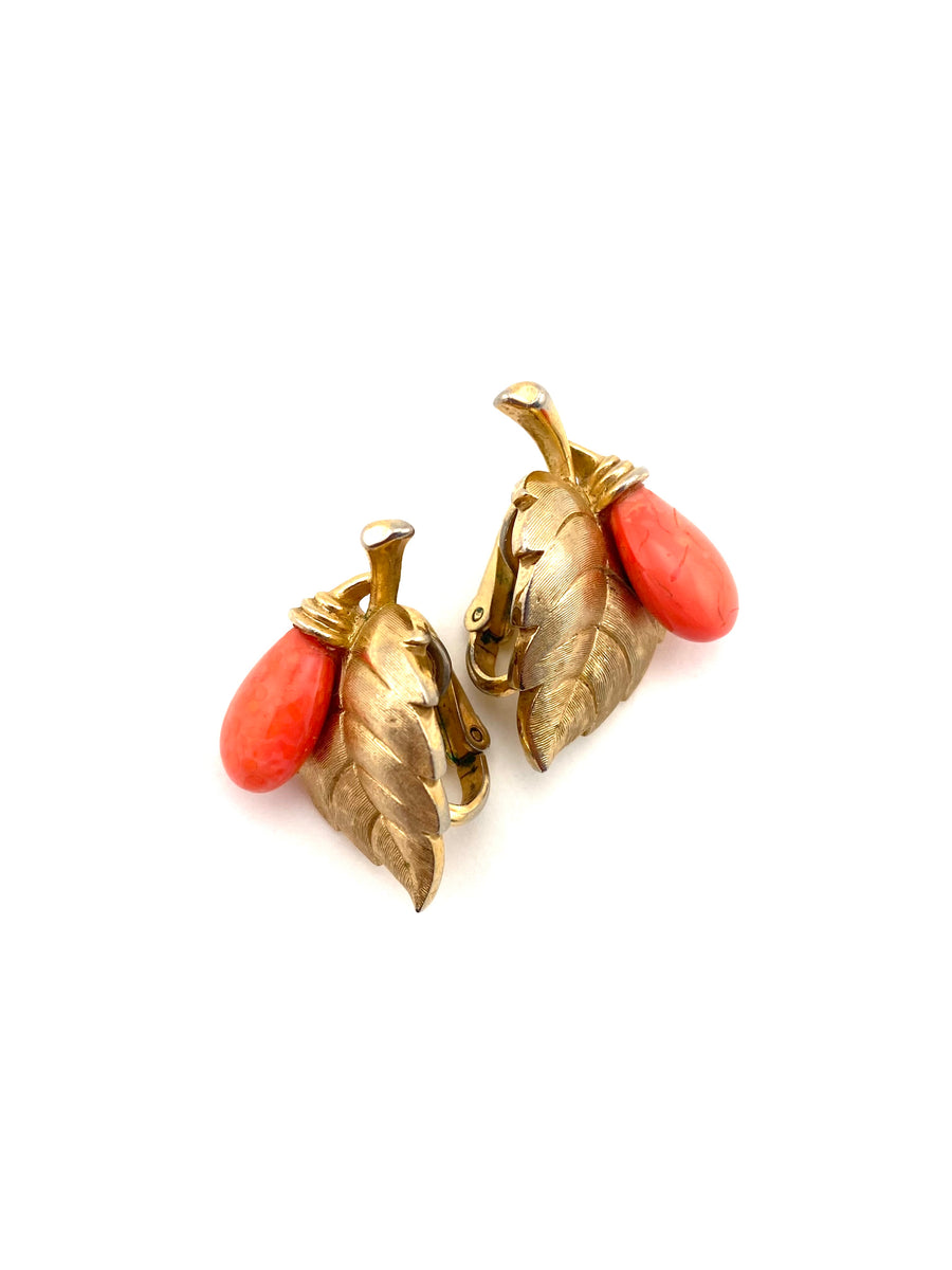 1950s Coral Berry and Leaf Earrings