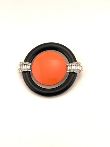 Vintage Kenneth Jay Lane Round Art Deco Style Brooch Coral and Black