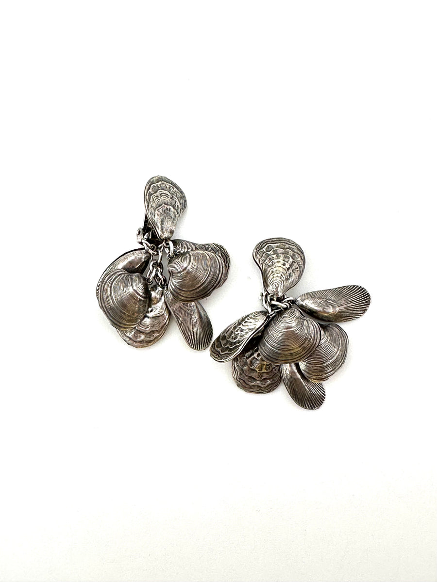 1950s Napier Silvertone Shell Charm Clip Earrings