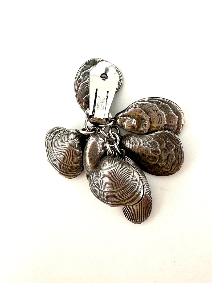 1950s Napier Silvertone Shell Charm Clip Earrings