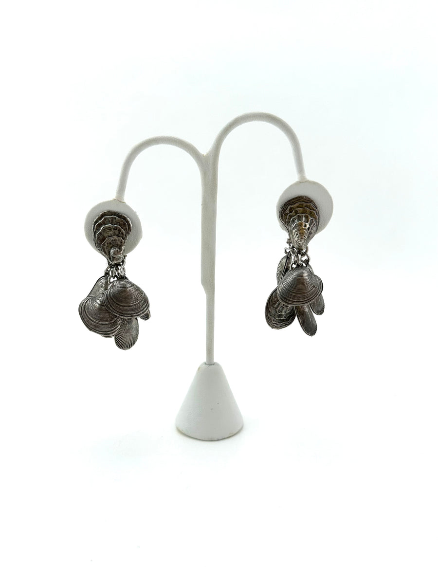 1950s Napier Silvertone Shell Charm Clip Earrings