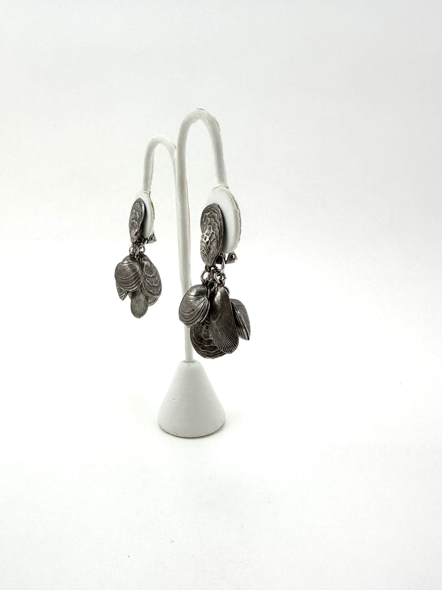 1950s Napier Silvertone Shell Charm Clip Earrings