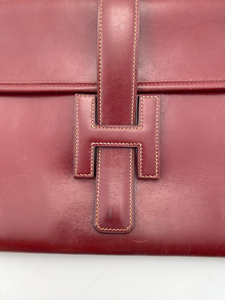 Vintage 1970s Hermès Jige Burgundy Leather Clutch 29 with Box