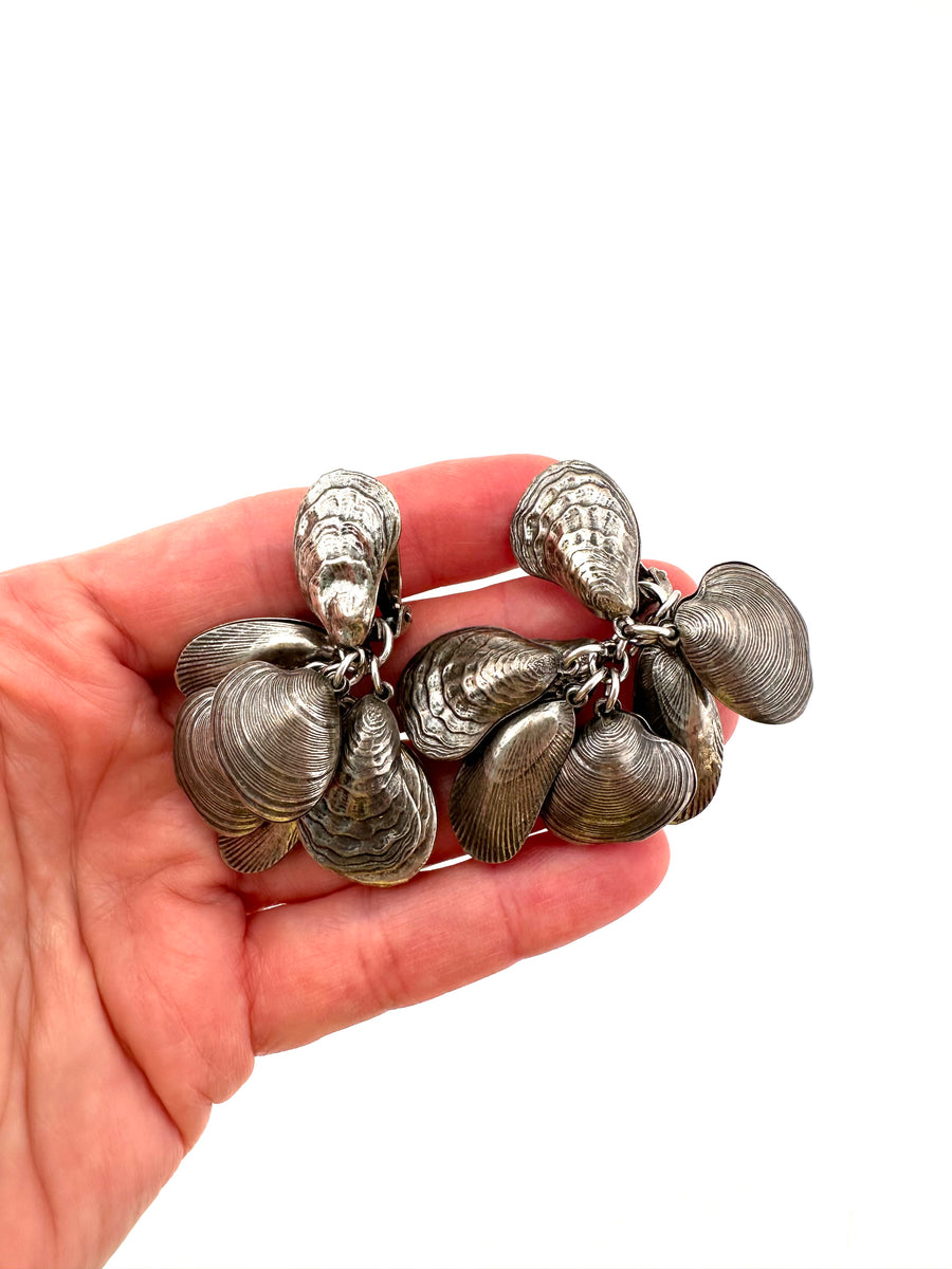 1950s Napier Silvertone Shell Charm Clip Earrings