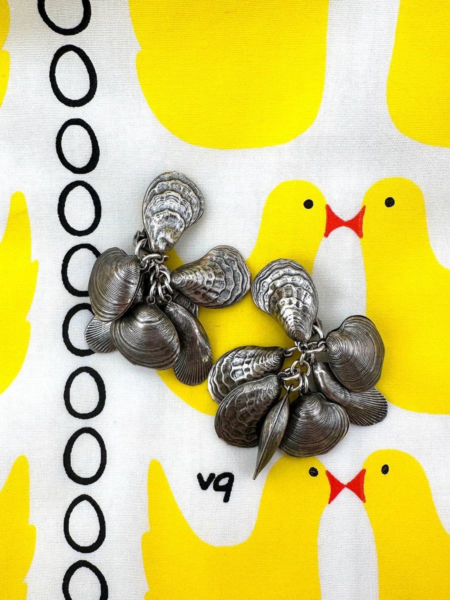 1950s Napier Silvertone Shell Charm Clip Earrings