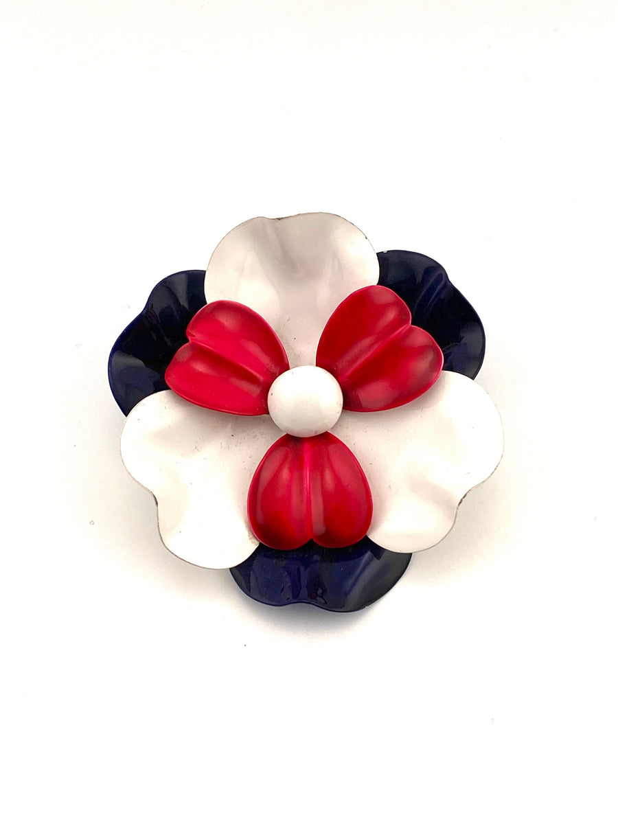 1960s Red White and Blue Enamel Flower Brooch