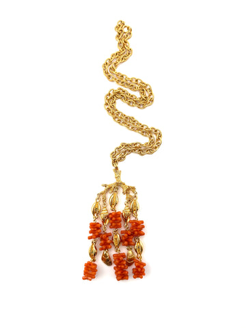 1970s Trifari Coral and Shell Pendant Necklace