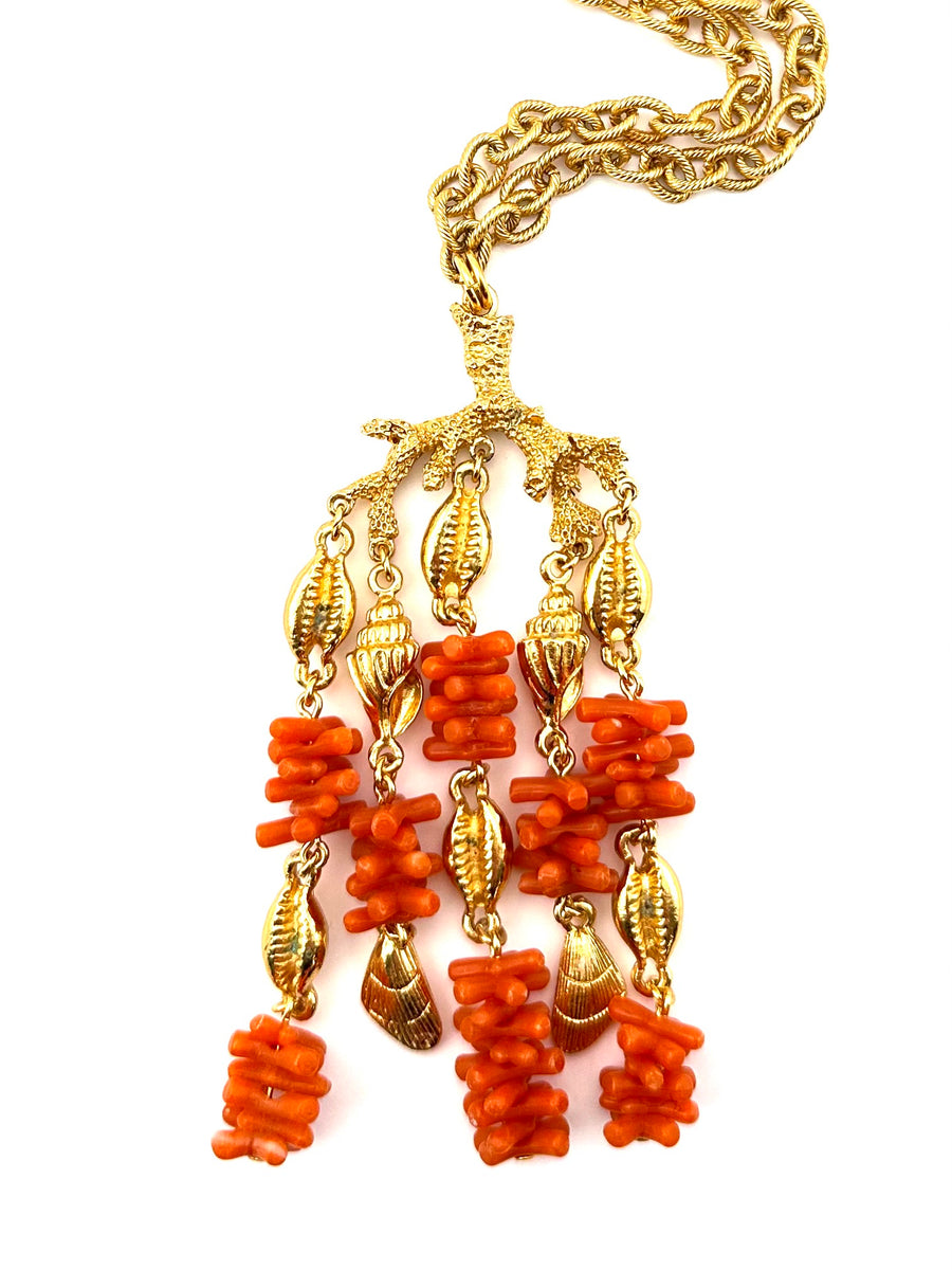 1970s Trifari Coral and Shell Pendant Necklace