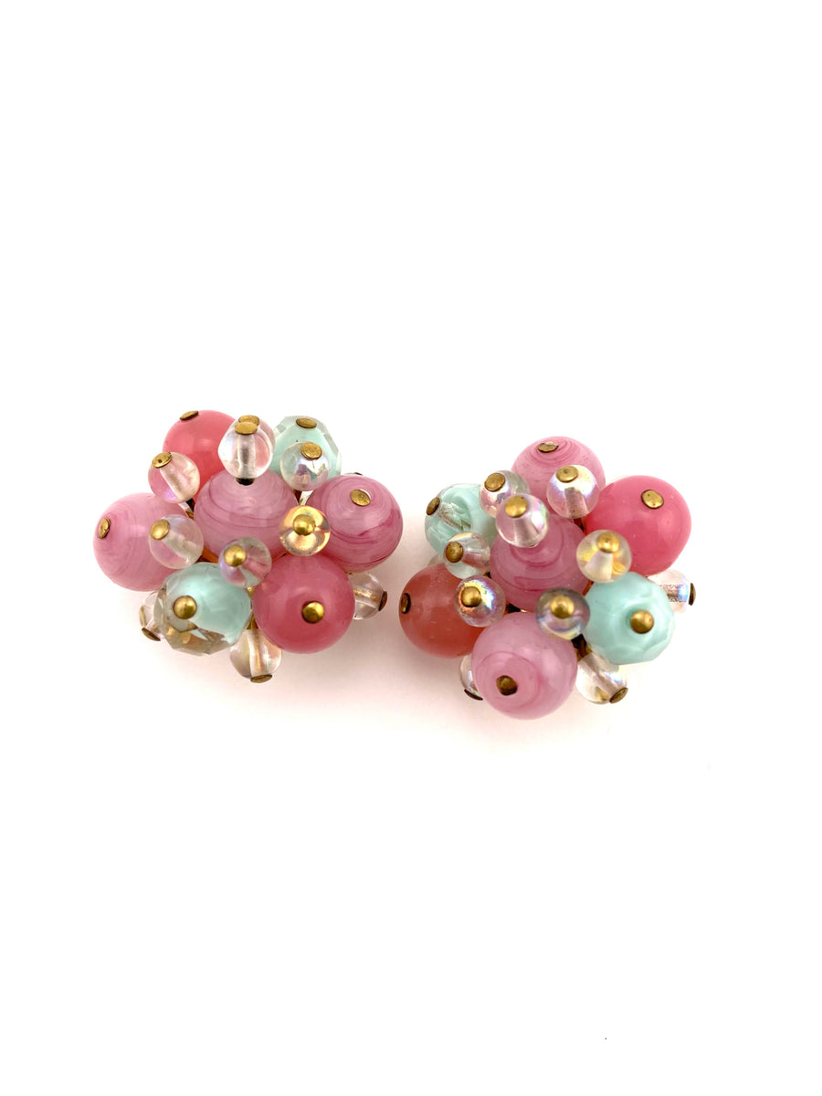 1960s Pink and Aqua Glass Cluster Earrings