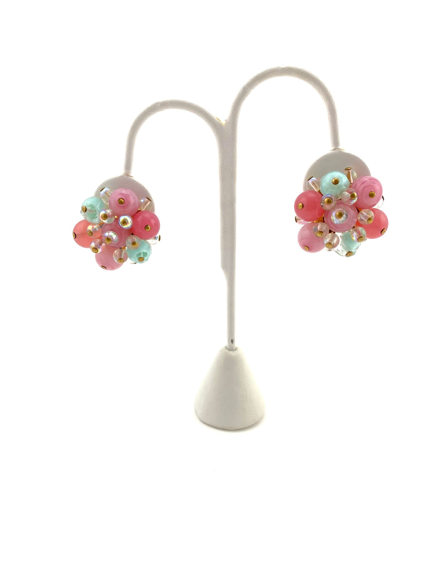 1960s Pink and Aqua Glass Cluster Earrings