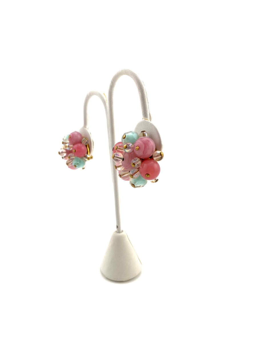 1960s Pink and Aqua Glass Cluster Earrings