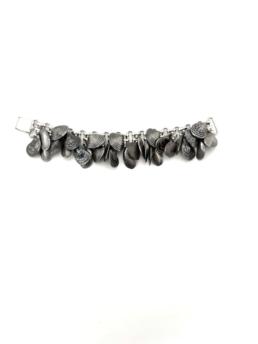 Napier 1950s Antiqued Silvertone Shell Charm Bracelet