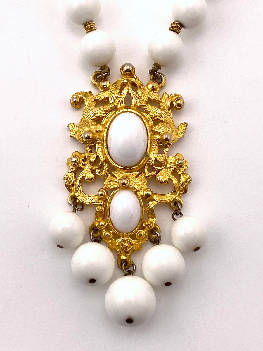 1960s White Bead Necklace with Gold Tone Pendant