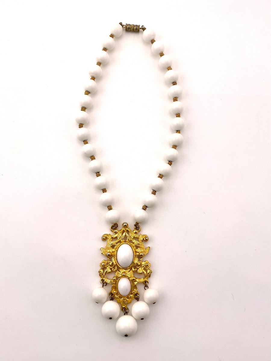 1960s White Bead Necklace with Gold Tone Pendant