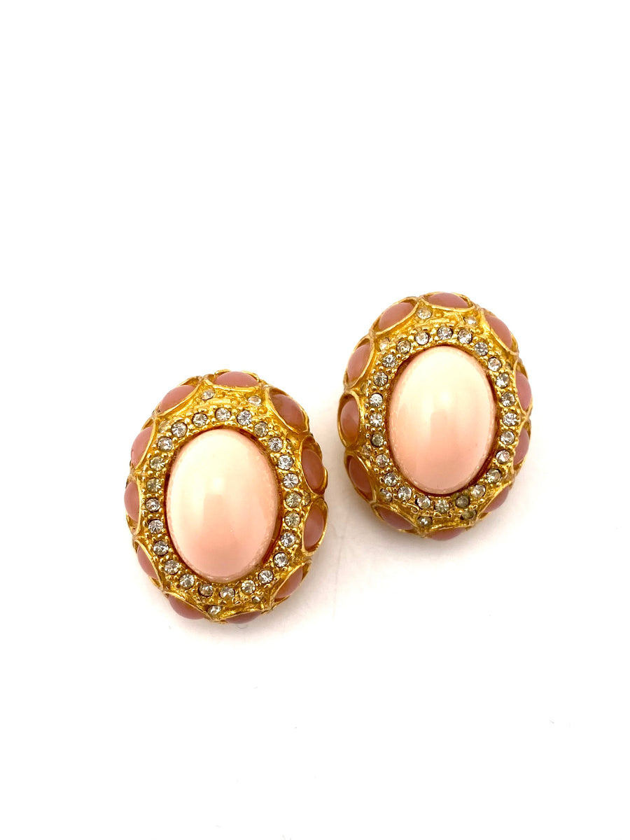 1960s Kenneth Jay Lane Pink Cabochon and Rhinestone Earrings