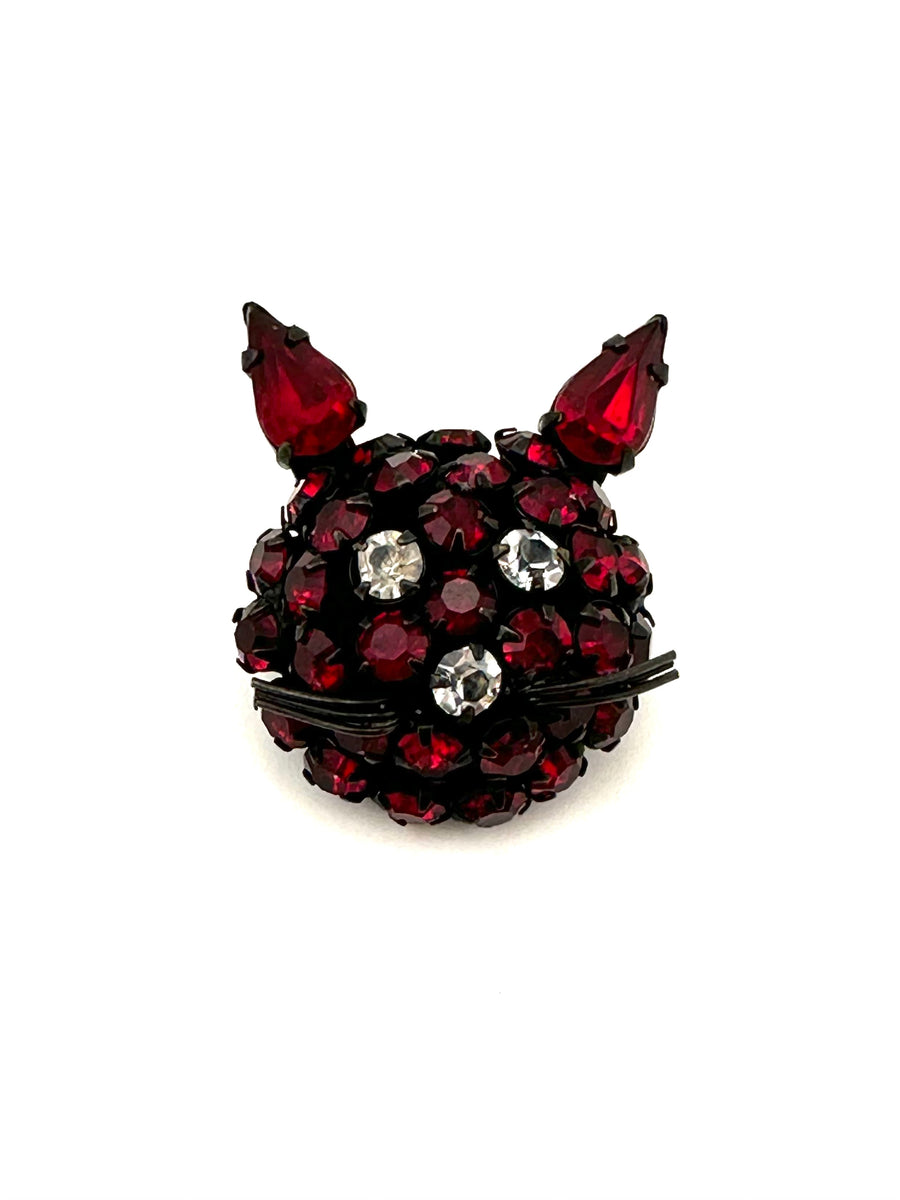 1950s Red and Black Cat Rhinestone Brooch