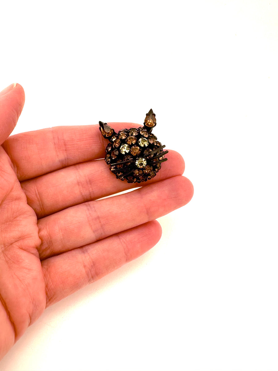 1950s Brown and Black Cat Rhinestone Brooch