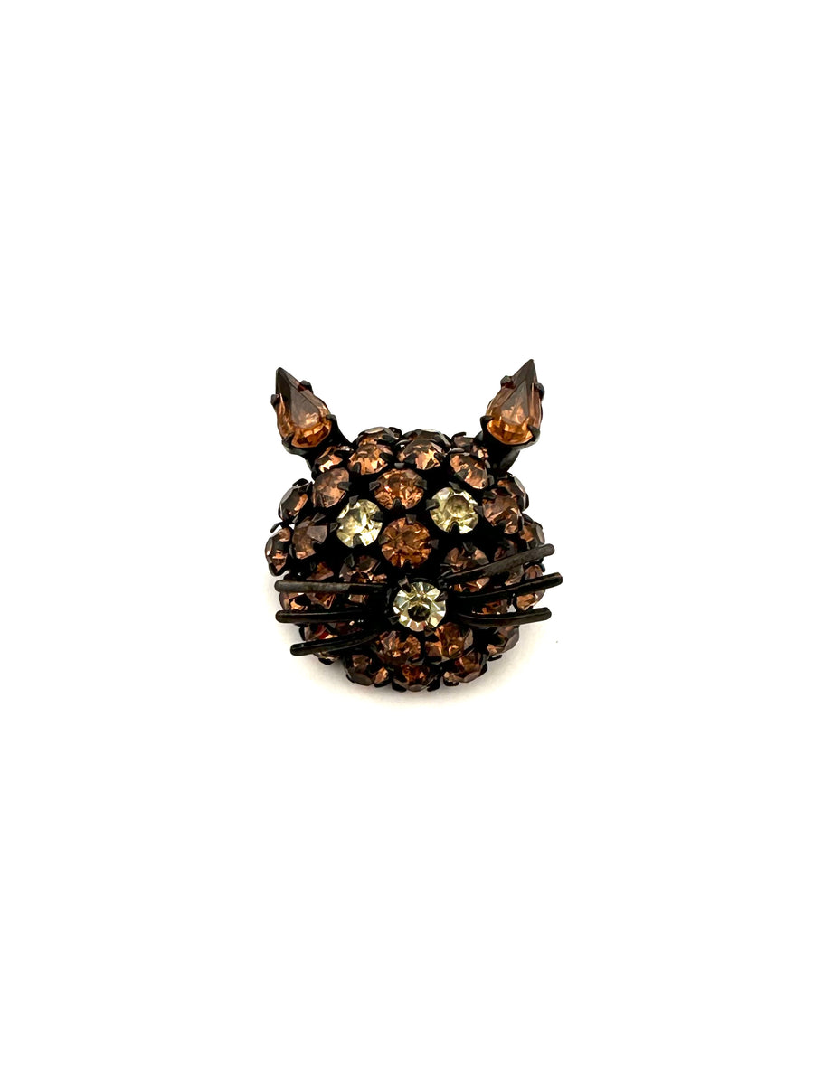 1950s Brown and Black Cat Rhinestone Brooch