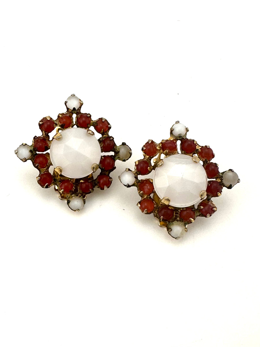 1950s Schreiner Burgundy and White Stone Earrings