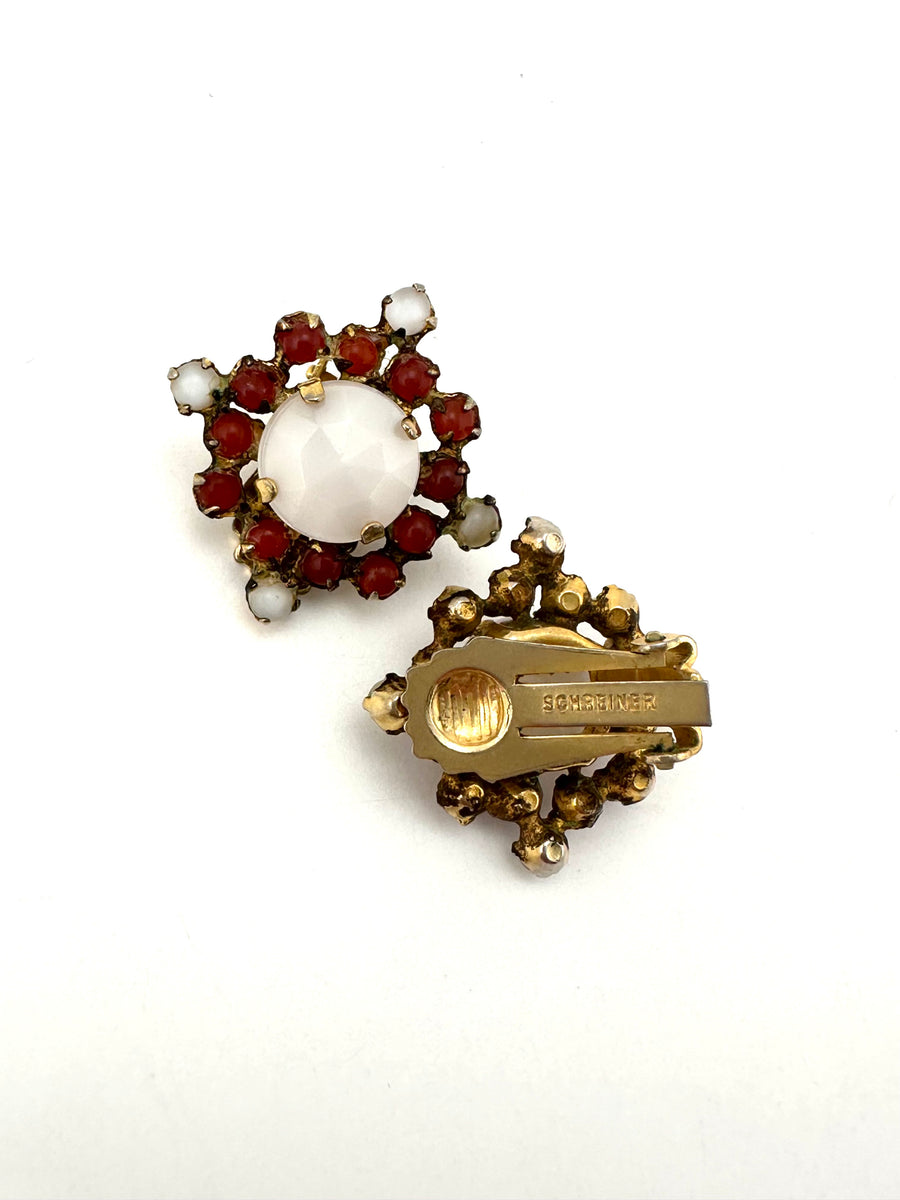 1950s Schreiner Burgundy and White Stone Earrings