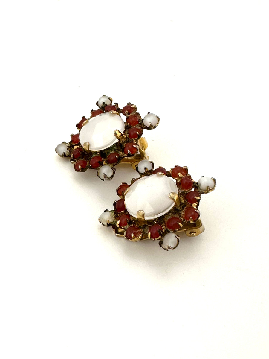 1950s Schreiner Burgundy and White Stone Earrings