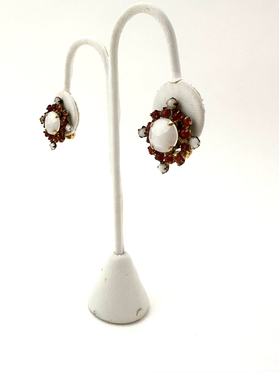 1950s Schreiner Burgundy and White Stone Earrings