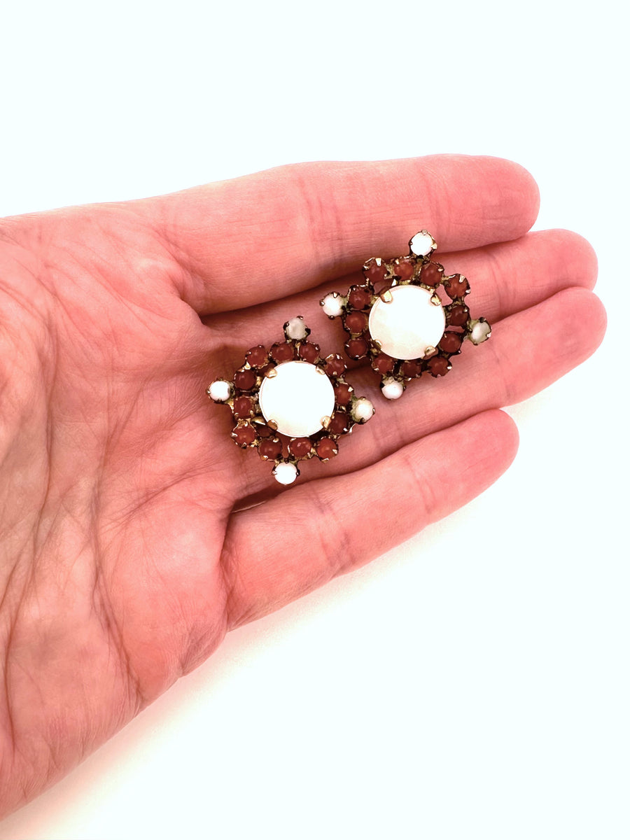 1950s Schreiner Burgundy and White Stone Earrings