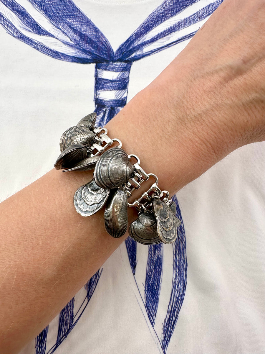 Napier 1950s Antiqued Silvertone Shell Charm Bracelet