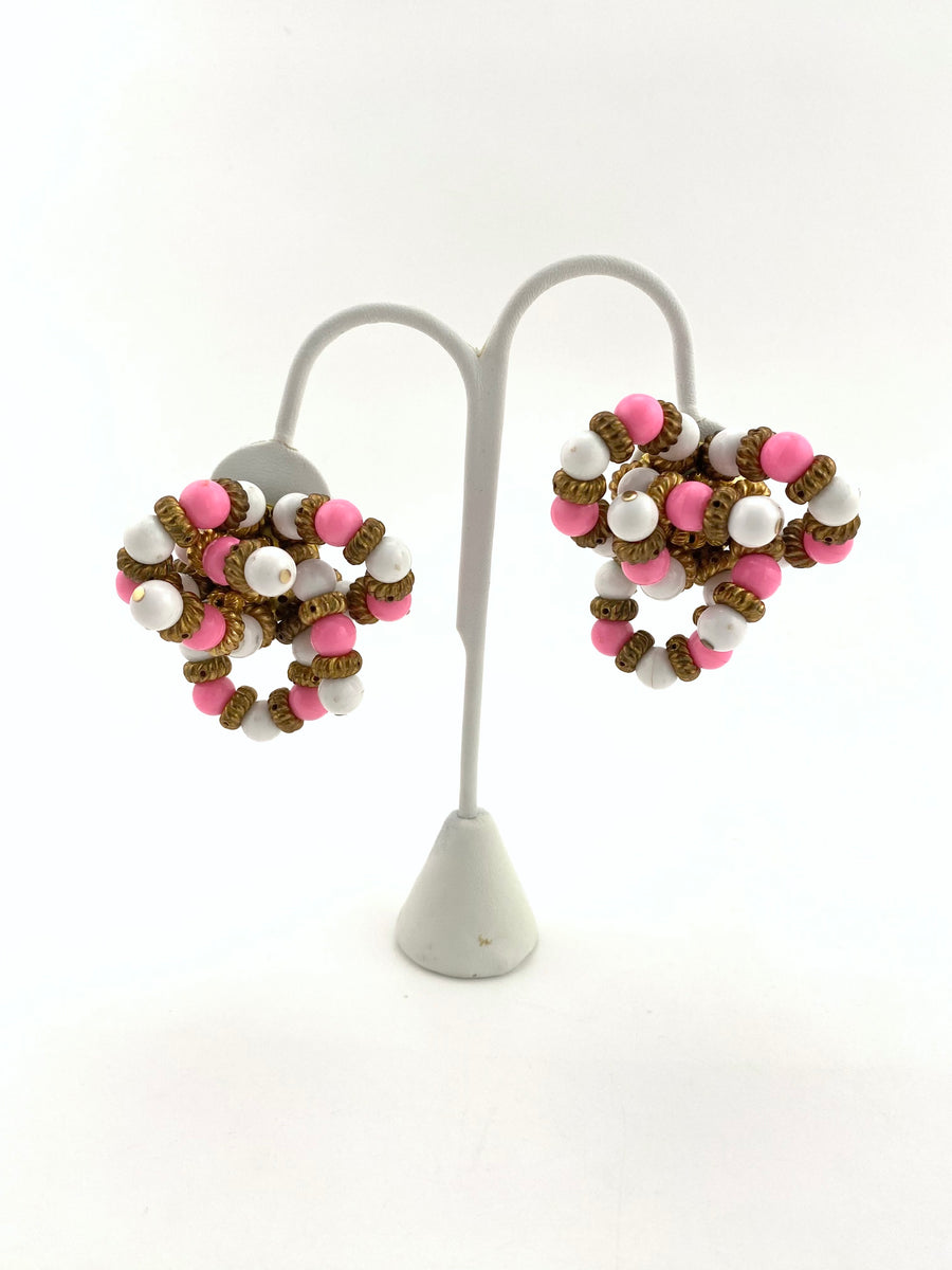 1960s Mimi di N Large Pink and White Beaded Earrings