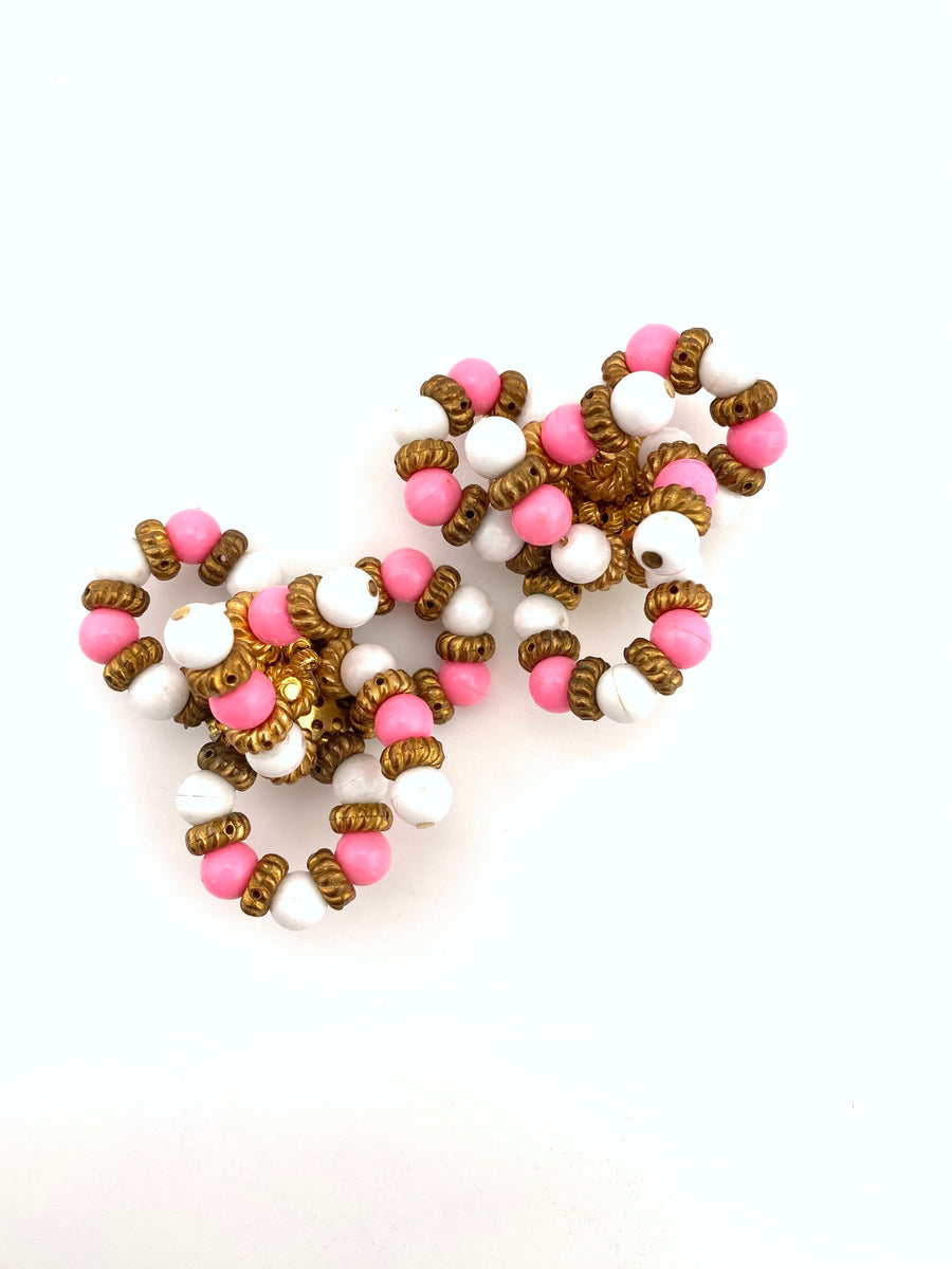 1960s Mimi di N Large Pink and White Beaded Earrings