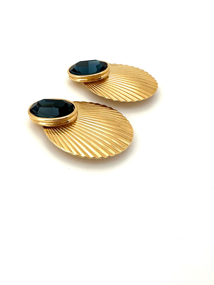 1980s Givenchy Gold Shell and Blue Glass Earrings