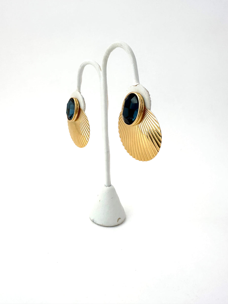 1980s Givenchy Gold Shell and Blue Glass Earrings