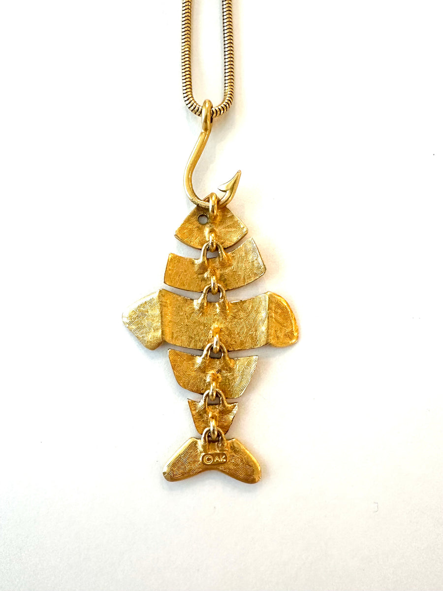 1990s Anne Klein Fish and Hook Pendant Necklace