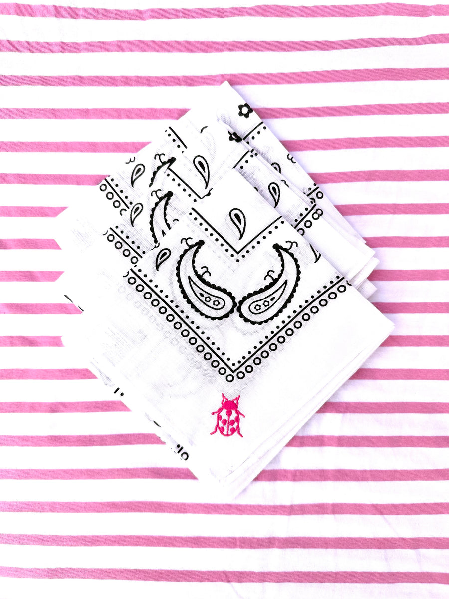 White Cotton Bandana Scarf with Pink Ladybug Monogram